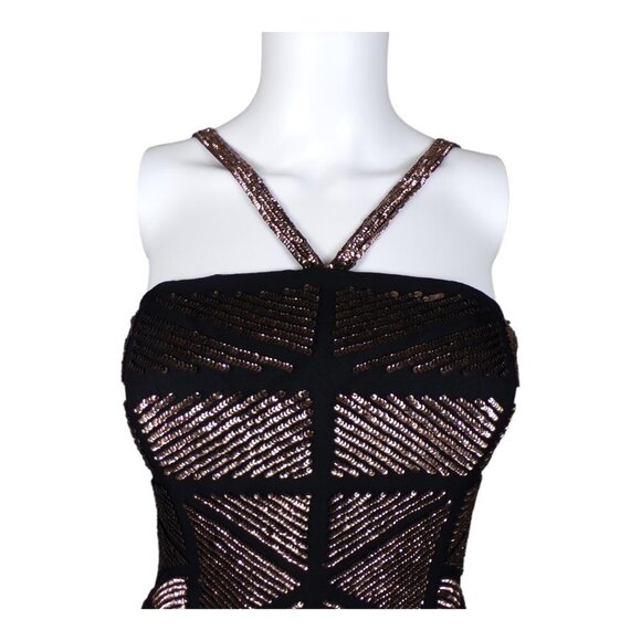 Scala Fitted Silk Cocktail Dress Gold Sequins in Geometric Patterns Sz 4 #934 - Picture 10 of 13